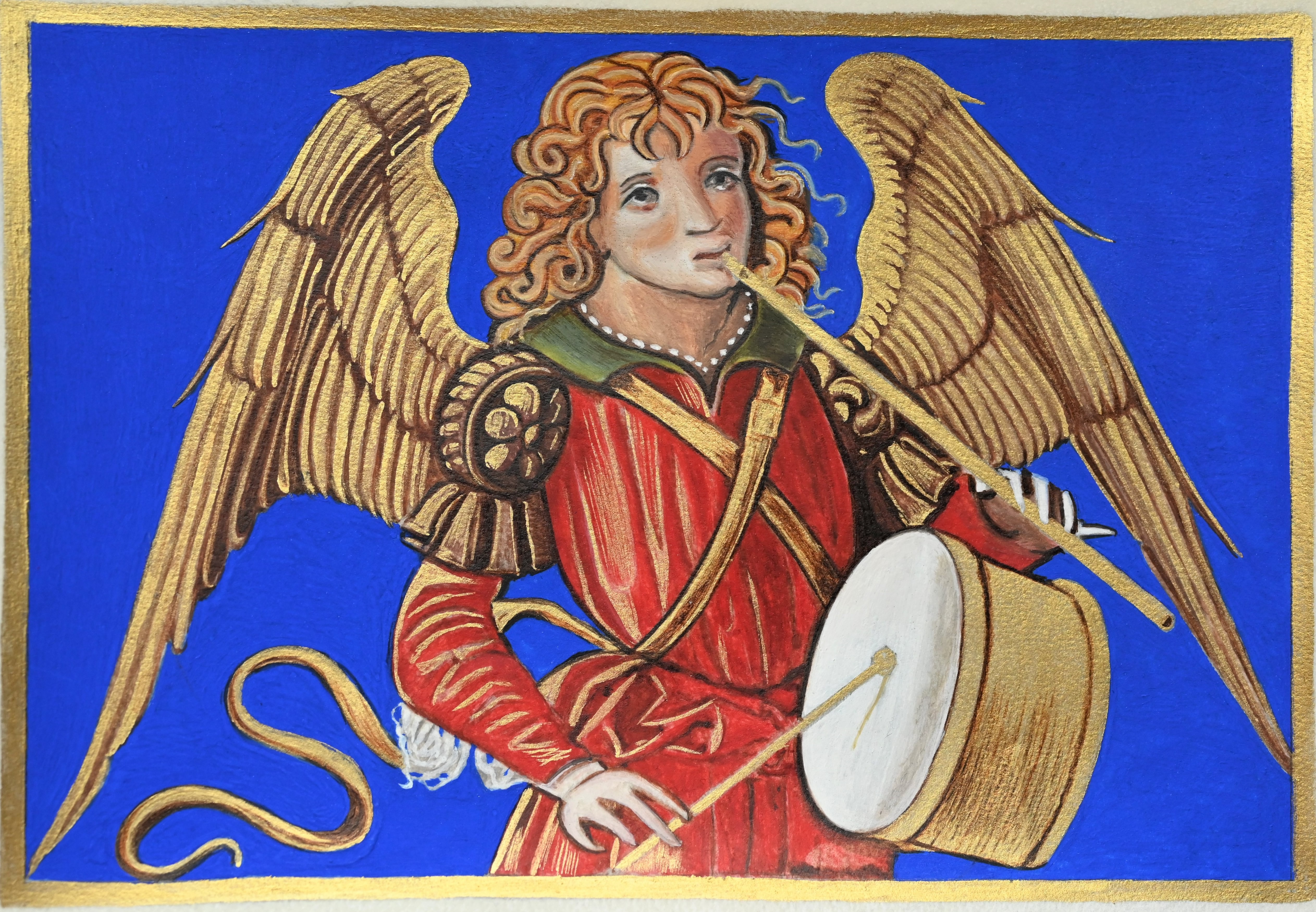 Reproduction d’un Ange musicien des Heures de Sforza, enluminure sur parchemin - © Laure Antoine