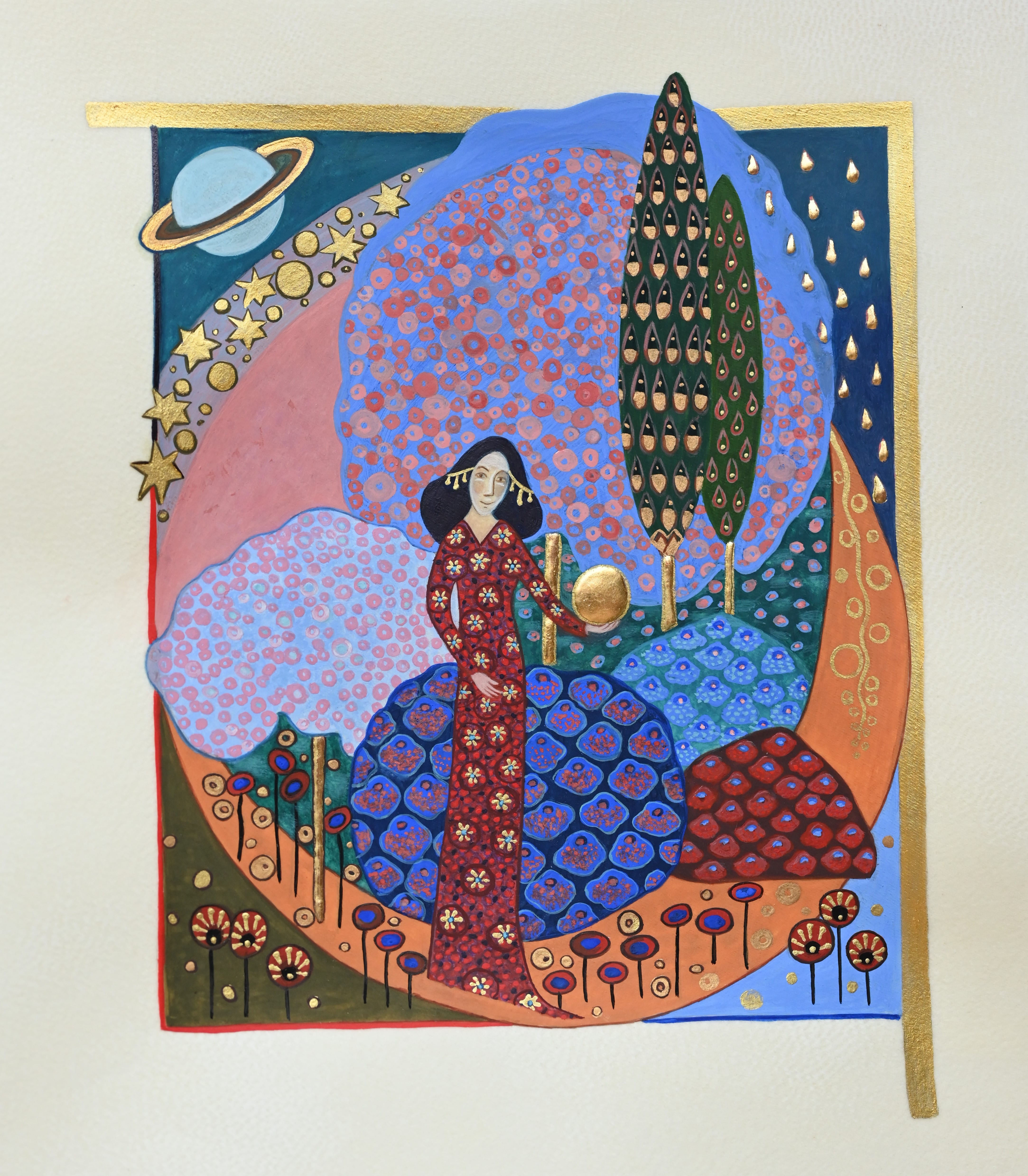Dame à l’astre solaire, création originale inspirée de l’art nouveau, enluminure sur parchemin - © Laure Antoine