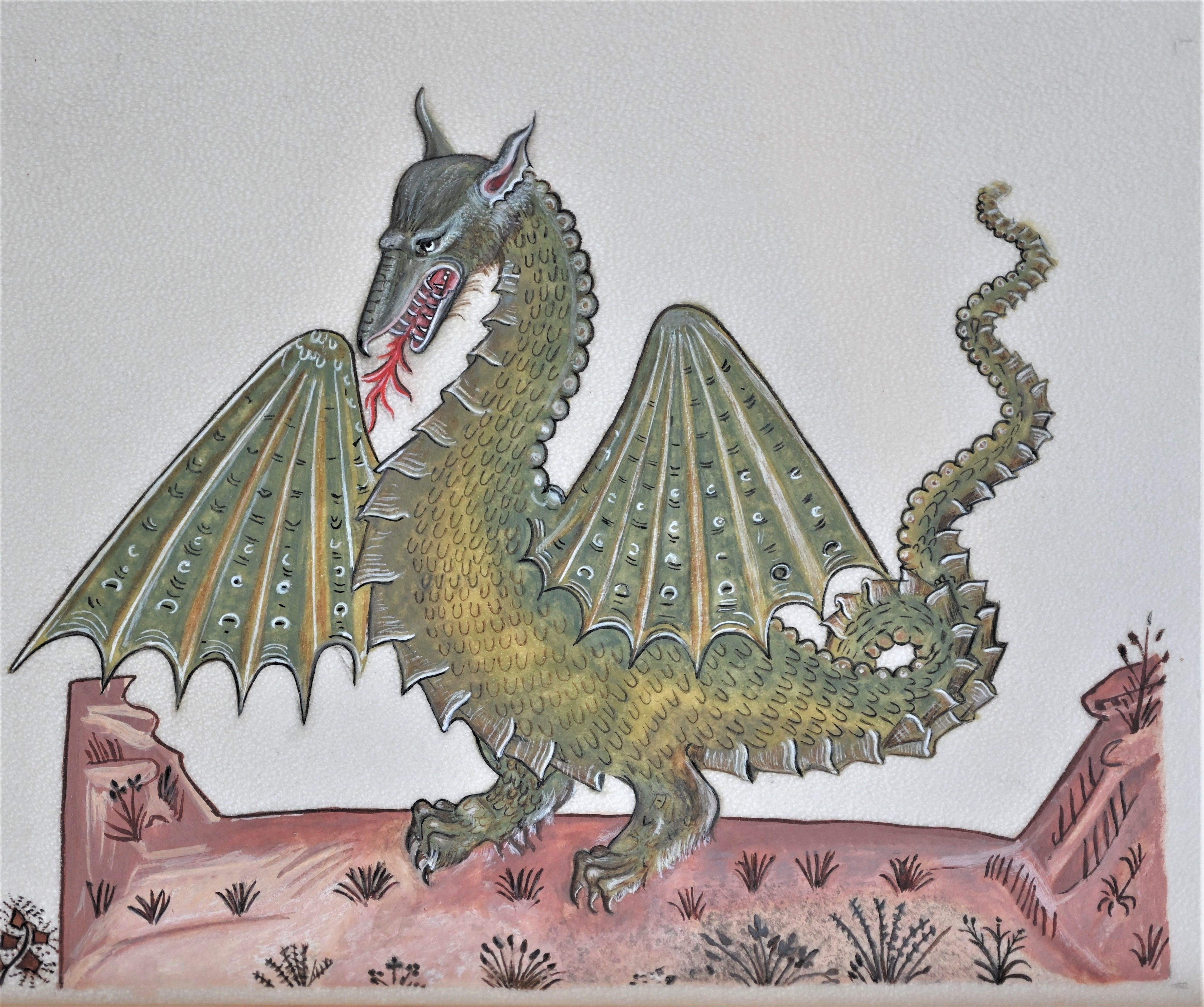 Reproduction du Grand Dragon du Tacuinum Sanitatis, enluminure sur parchemin - © Laure Antoine
