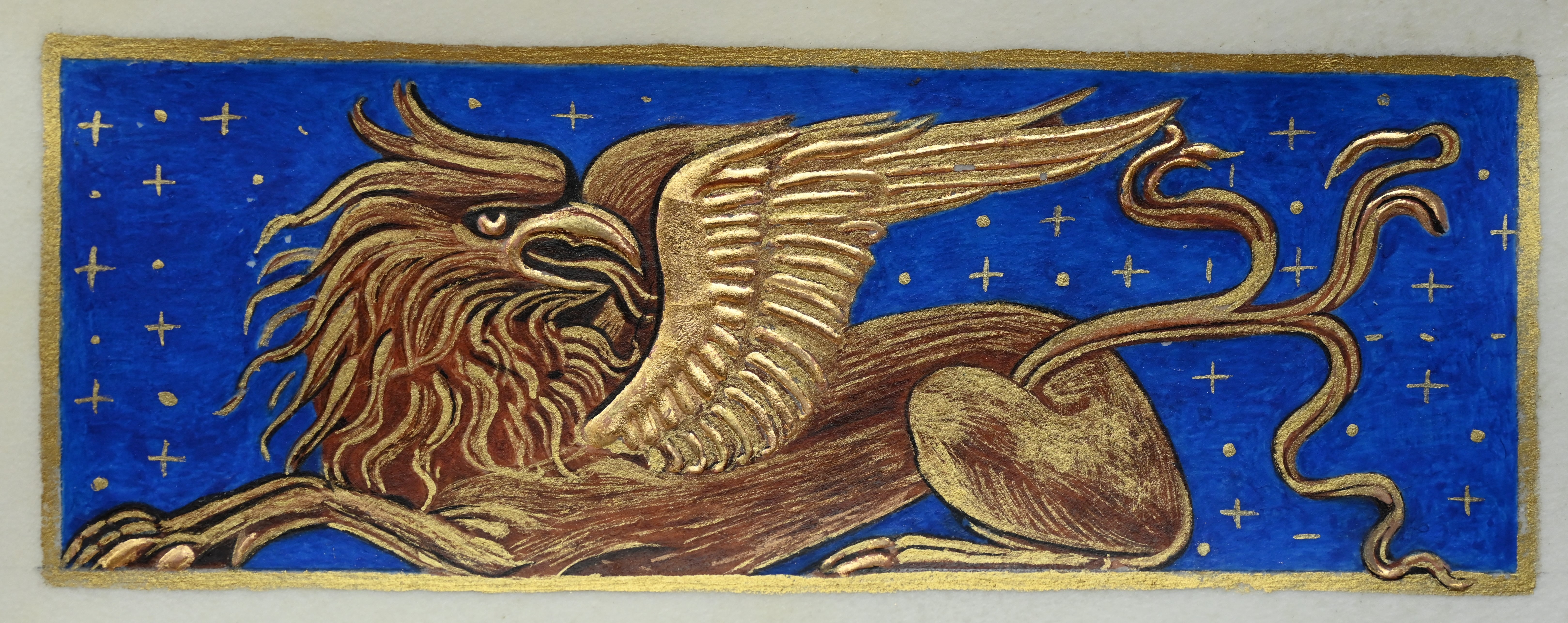 Reproduction d’un Griffon des Heures de Sforza, enluminure sur parchemin - © Laure Antoine