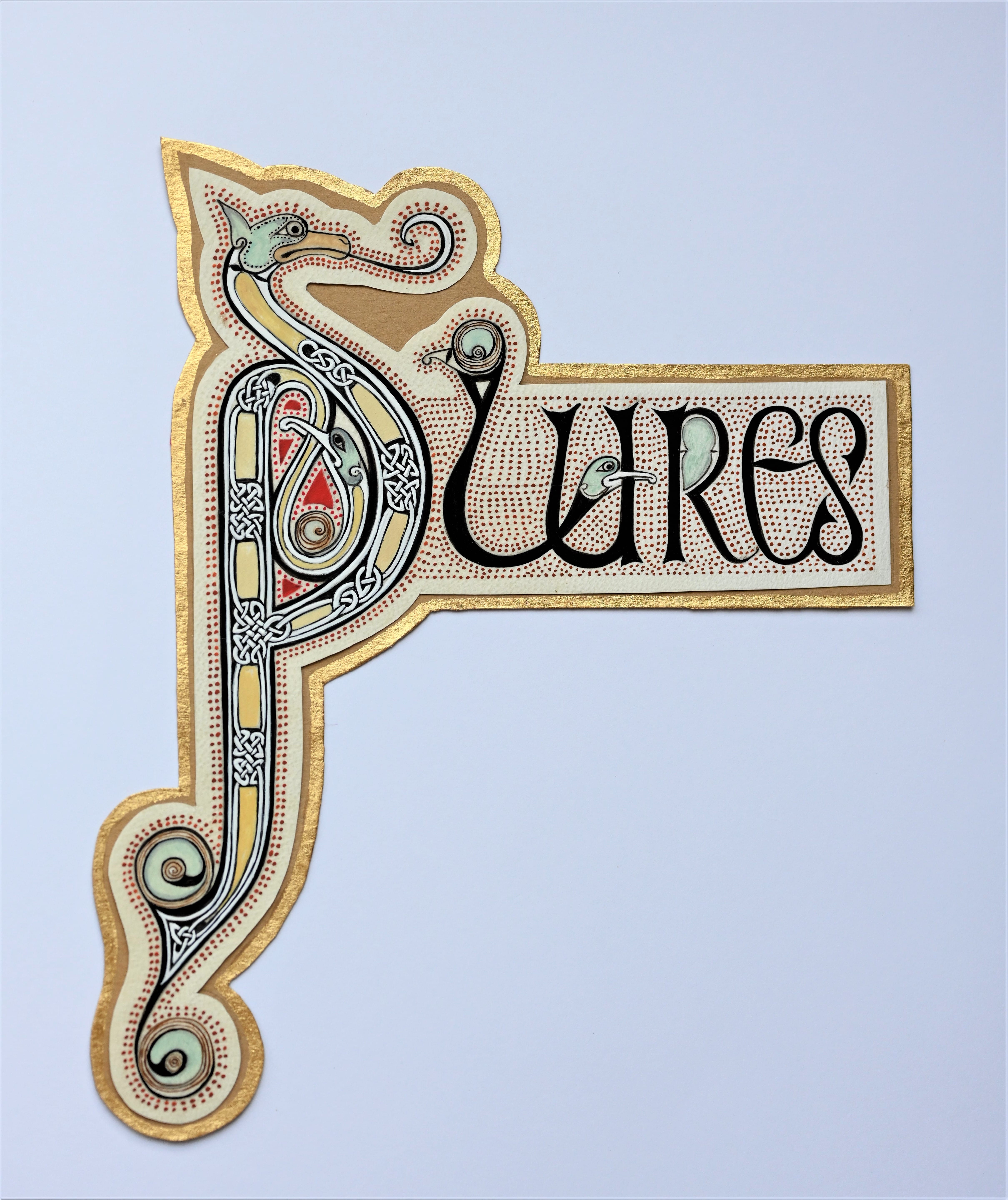 Reproduction d’une lettrine P des Évangiles de Lindisfarne, enluminure sur parchemin - © Laure Antoine