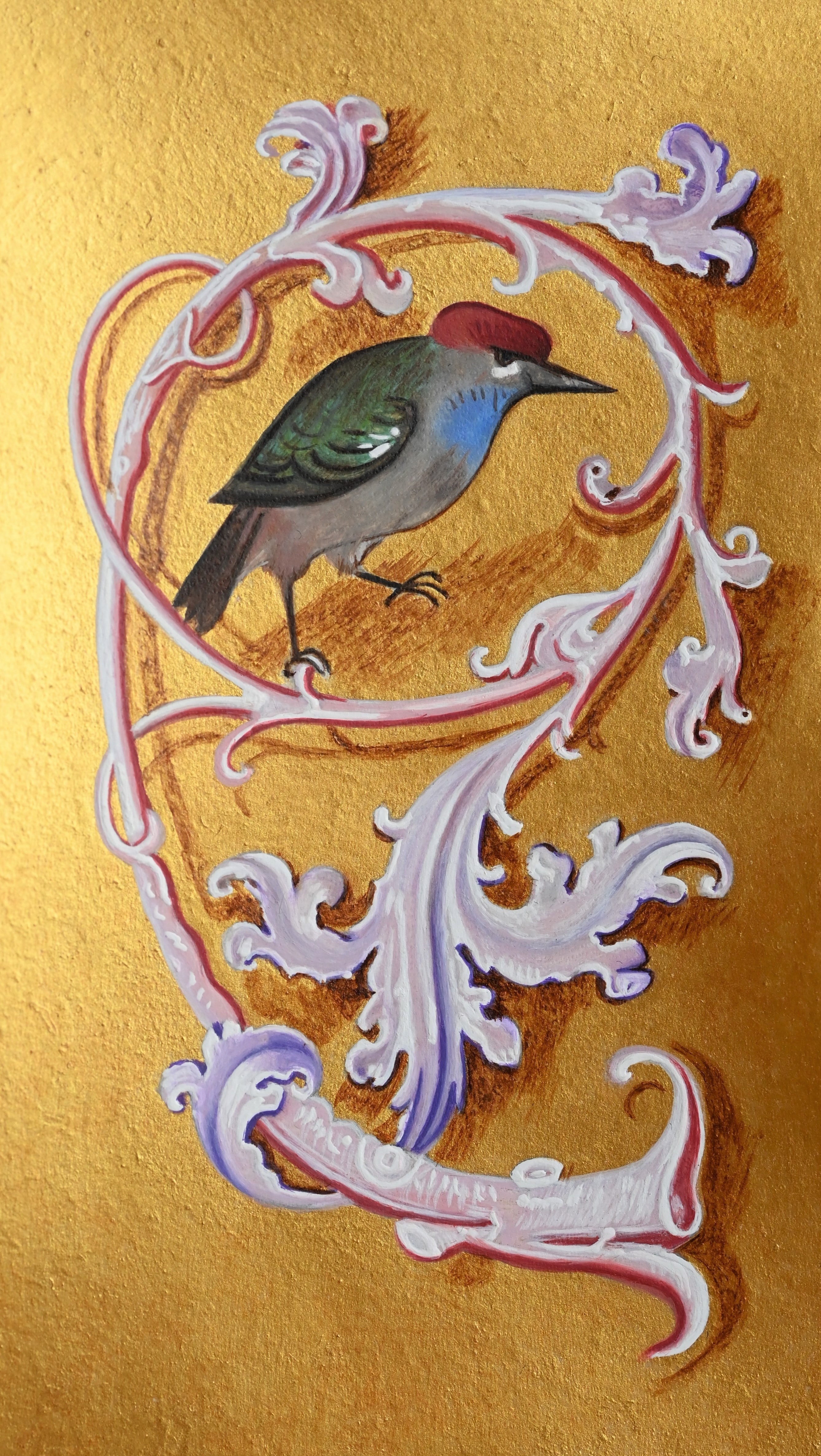 Reproduction d’un oiseau et feuille d’acanthe des Heures de Spinola, enluminure sur parchemin - © Laure Antoine