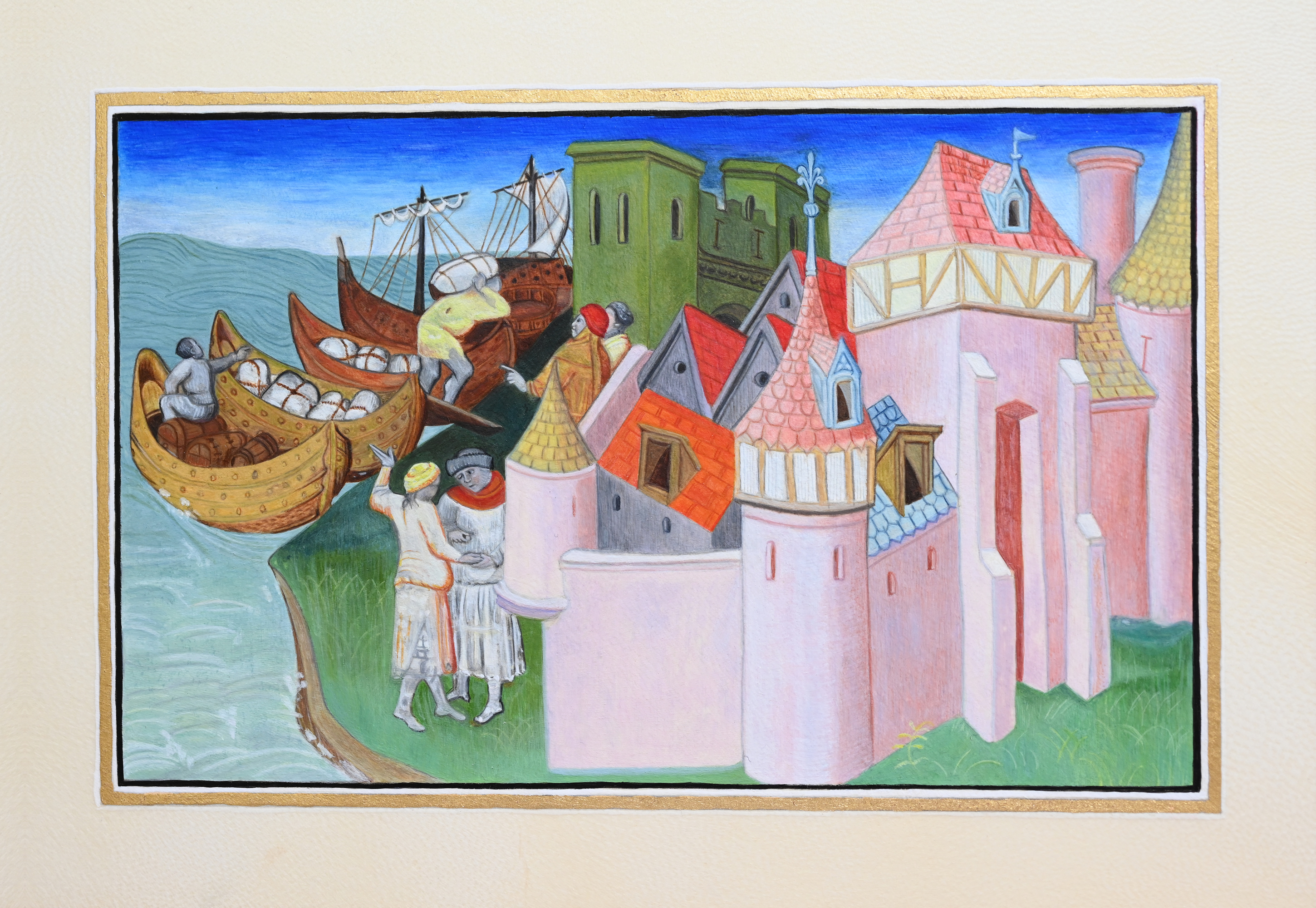 Enluminure sur parchemin d'une ville forteresse rose - © Laure Antoine